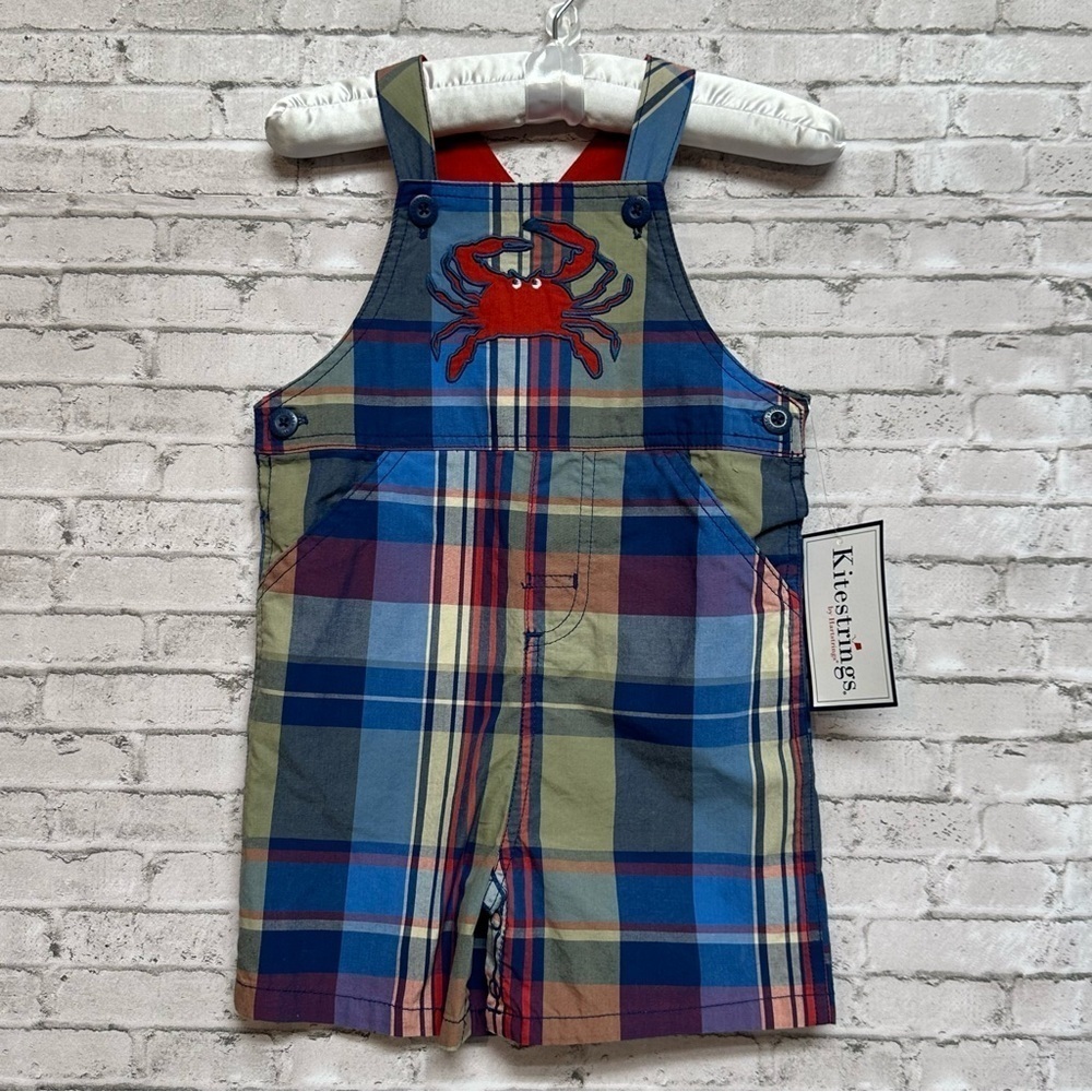 Kitestrings by Hartstrings Plaid Crab 24M Woven Shortall Overalls Toddler NEW